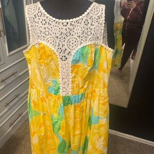 Lilly Pulitzer Yellow and White Lace Romper with pockets
